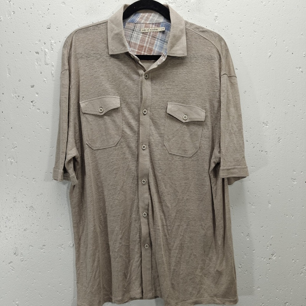 Age of Wisdom Large Mens Shirt Button Beige Linen Short Sleeve Beach Casual Airy